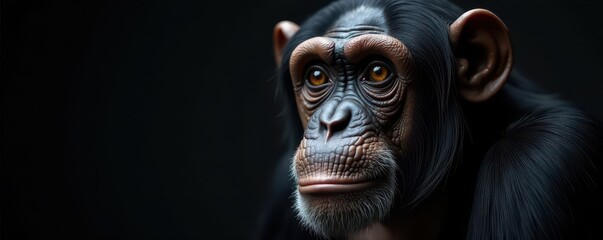 Close-up chimpanzee portrait, dramatic studio lighting, fur texture, wildlife, high resolution, monochrome