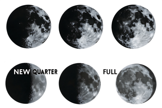 Lunar phases celestial bodies isolated on a transparent background