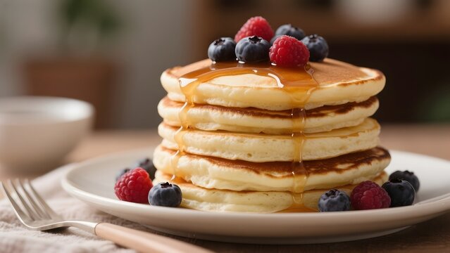 Stack of fluffy pancakes topped with fresh berries and drizzled with syrup