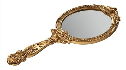 Elegant vintage handheld mirror with ornate golden frame, isolated on a transparent background, photorealistic details.