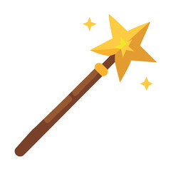 Whimsical brown wooden magic wand with glowing golden sparkles and starbursts perfect for halloween celebrations