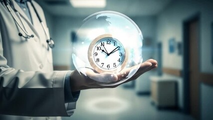 Doctor holding a clock with digital connections in a hospital hallway with a stethoscope visible - Powered by Adobe