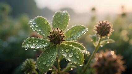 Dew-Drenched Clover Leaves in Soft Morning Light