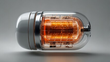 Internal circuits of a glowing capsule on a white background