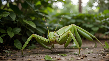 Green praying mantis on leaf, close-up macro insect photography