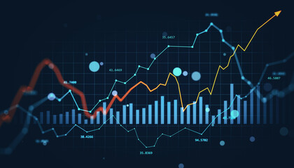 Dynamic digital chart interface showing forex market index and financial growth analysis on a dark blue background with glowing data graphs. 3D Rendering
