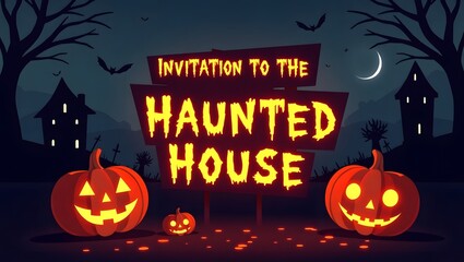 "Invitation to the Haunted House" text glowing with eerie colors, surrounded by jack-o'-lanterns, cobwebs, and creepy silhouettes, creating a scary Halloween atmosphere.