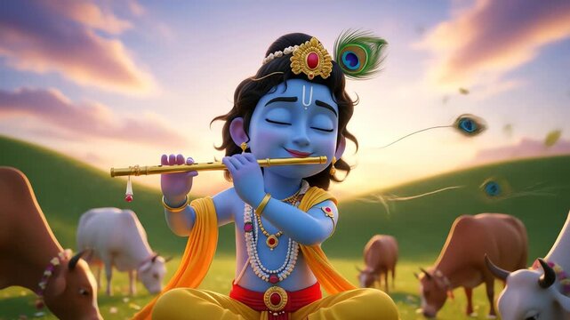 A serene digital illustration of little krishna playing his divine flute for the cows in a tranquil meadow at sunrise.