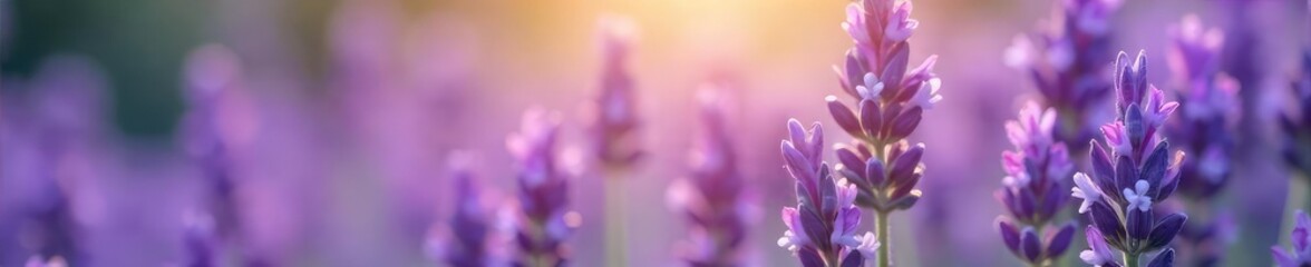 Fototapeta premium Close-up of fragrant lavender flowers, soft light illuminating delicate purple petals and buds, creating a calming and soothing atmosphere , bloom, soft light, still life