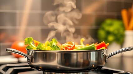 Fresh vegetables sizzling in a stainless steel pan, with steam rising under warm kitchen lighting.