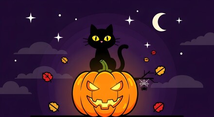 Black cat sits on a carved pumpkin under a night sky with moon and stars