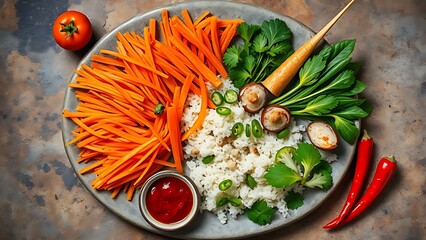 Colorful Asian cuisine ingredients arranged artistically on a stone surface, showcasing vibrant textures and warm lighting.