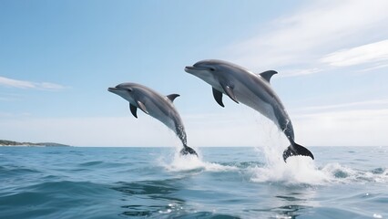 Obraz premium Two dolphins leaping out of the ocean under a clear blue sky