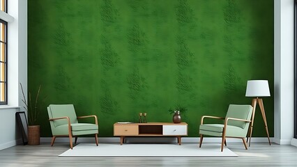 A green textured wall with stylish furniture, creating a calm and modern living space.