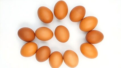 Fresh brown eggs arranged in a circular pattern on a clean white surface, emphasizing natural textures.