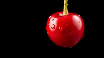 Macro shot of a ripe cherry with water droplets, vibrant red against a dark background, emphasizing freshness.