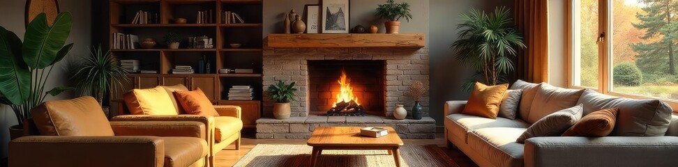 Cozy living room interior with fireplace, comfortable furniture, and natural light streaming through windows, creating a warm and inviting atmosphere perfect for relaxing at home , calm, fire
