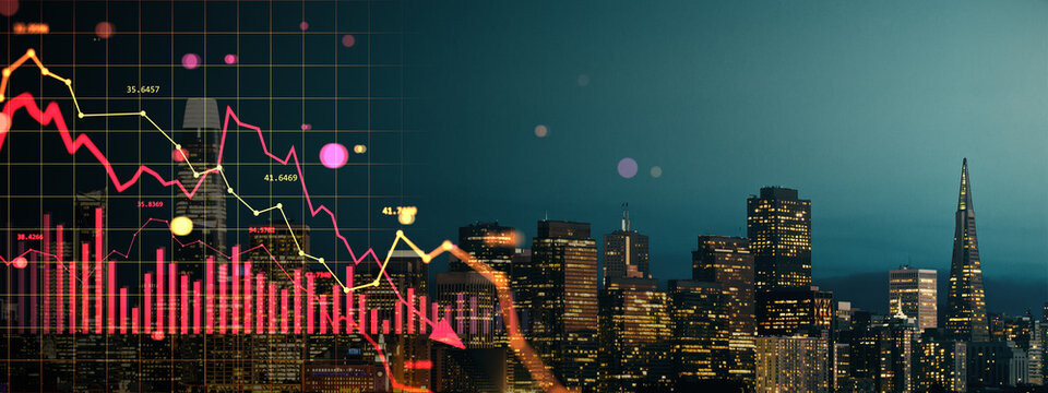 Digital financial chart showing red downward trend over San Francisco skyline indicating real estate market crash and economic crisis impact.