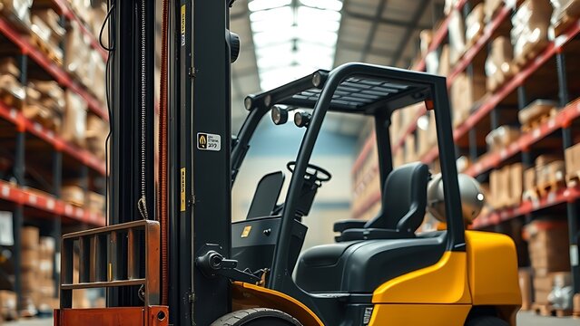 An industrial forklift in a warehouse setting, highlighting efficiency and modern logistics operations.