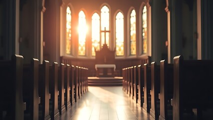 A serene church interior illuminated by stained glass, with empty wooden pews in focus.