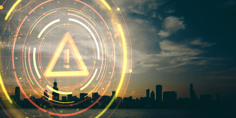 Cybersecurity warning symbol with digital alert interface over city skyline at sunset, symbolizing online fraud and data risk detection concept.