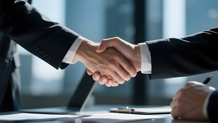 Two individuals in business attire shaking hands over a document in an office setting.