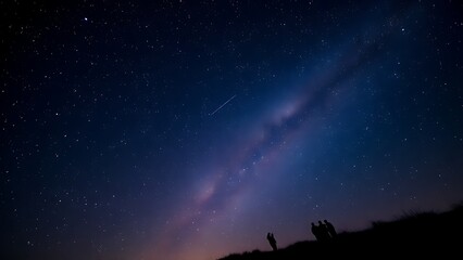A dreamy night sky where constellations fade into sparkling meteor trails above silhouetted figures.