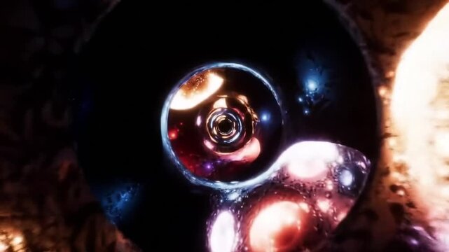 Conceptual journey through a cosmic wormhole, revealing infinite parallel universes and swirling galaxies within a spacetime portal.