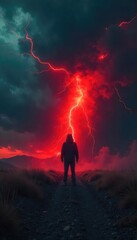 Fototapeta premium A lone figure stands silhouetted against a stormy, blood-red sky, a chilling scene of impending doom The desolate landscape amplifies the sense of unease and isolation , uncanny, lonely