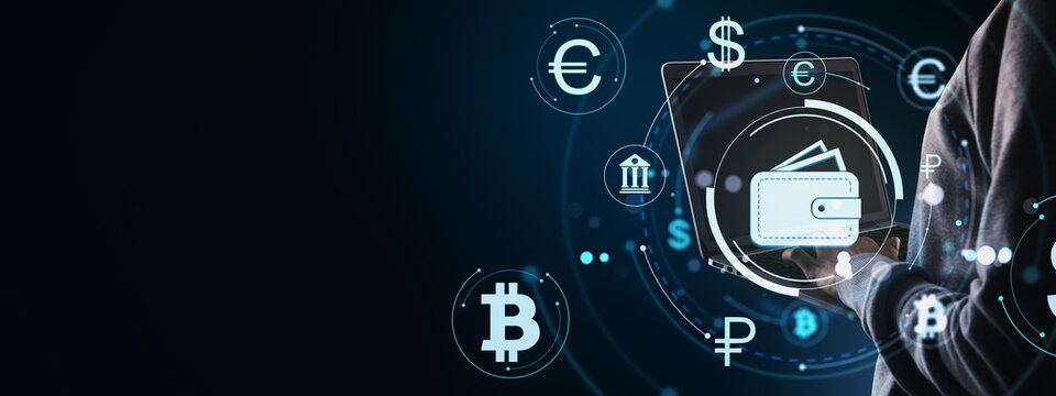 Digital wallet icon surrounded by cryptocurrency and global currency symbols with person using laptop on dark futuristic background.