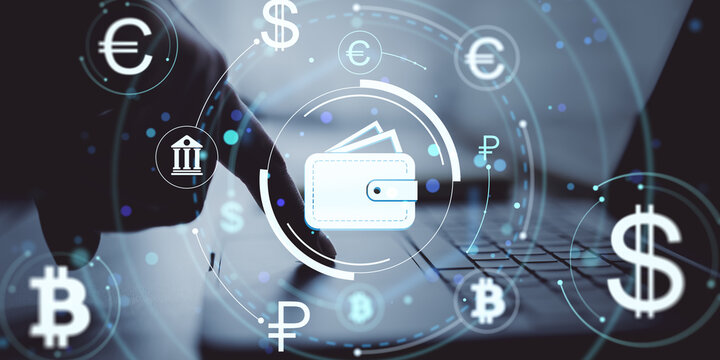 Digital wallet icon with currency symbols and blockchain network over laptop background representing online finance and cryptocurrency transactions. - Powered by Adobe