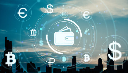 Digital wallet icon surrounded by currency symbols and blockchain elements over modern cityscape at dusk, symbolizing online financial transactions.