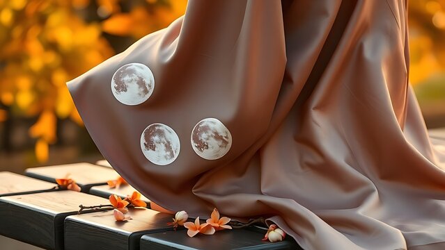 A silk hanfu sleeve embroidered with moon phases, draped over a wooden bench with scattered osmanthus blossoms.