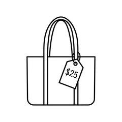 A simple line drawing of a tote bag with handles and a price tag that says twenty five dollars