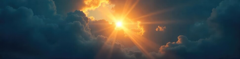 Fototapeta premium A single, bright light shining through dark clouds, symbolizing hope and optimism in difficult times The beam pierces the darkness, offering a sense of promise and resilience , shadow, illumination