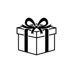 Illustration of a square gift box with a ribbon and bow in black and white on a plain background