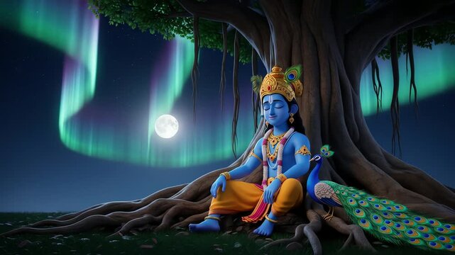 A serene digital illustration of Little Krishna meditating under a sacred banyan tree with a peacock by his side under the aurora borealis.