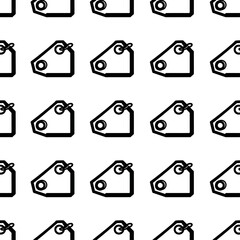 Seamless repeating pattern of black and white price tags arranged in a grid on a white background