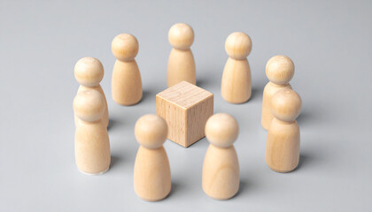 Obraz premium Wooden figurines forming circle around central cube. Team, collaboration. Business, community focus