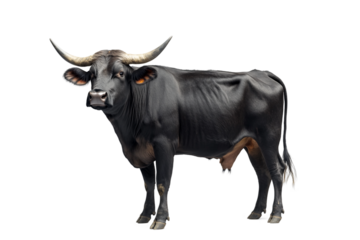 Buffalo with horns side stance isolated on transparent background