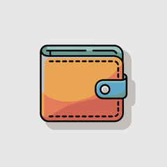 Flat illustration of an orange and blue wallet on a light gray background money finance