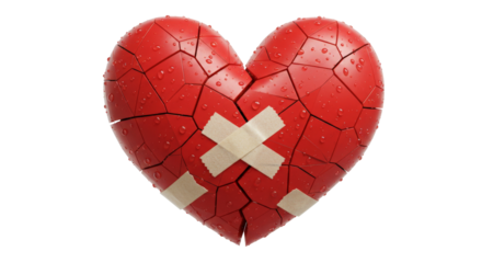 Broken red heart with tape and water drops png isolated on transparent background