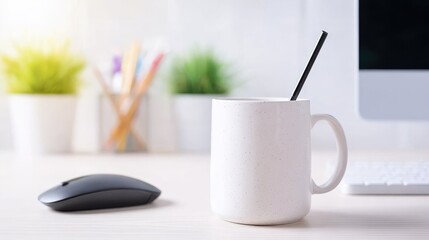 White Speckled Mug on Wooden Desk with Laptop and Wireless Mouse for Modern Office Scenes, Remote Work Campaigns and Productivity Articles.