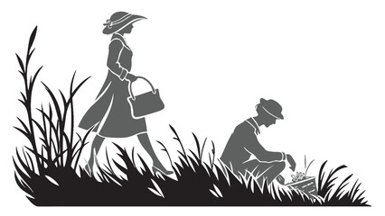 A woman in a hat walks past a seated figure in a field.
