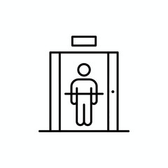 Minimalist line art icon of a person in an elevator with a door lift symbol