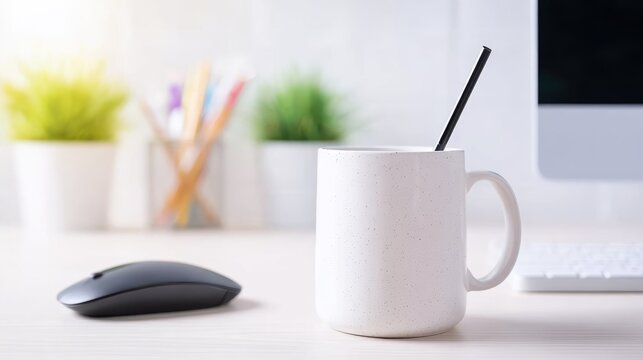 White Speckled Mug on Wooden Desk with Laptop and Wireless Mouse for Modern Office Scenes, Remote Work Campaigns and Productivity Articles.