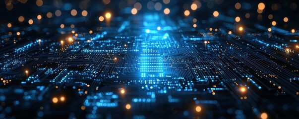 Abstract digital circuit board with glowing lines and dots