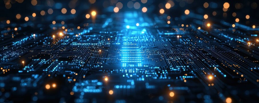 Abstract digital circuit board with glowing lines and dots