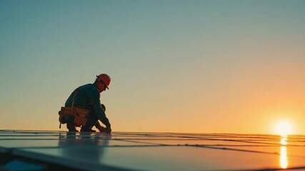 Solar Panel Installer and Sunrise: A silhouette of a technician meticulously installing solar panels against a backdrop of a radiant dawn sky, showcasing sustainable energy practices.  - Powered by Adobe