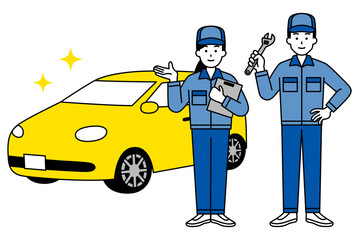 車検を案内する自動車整備士の男女（全身）